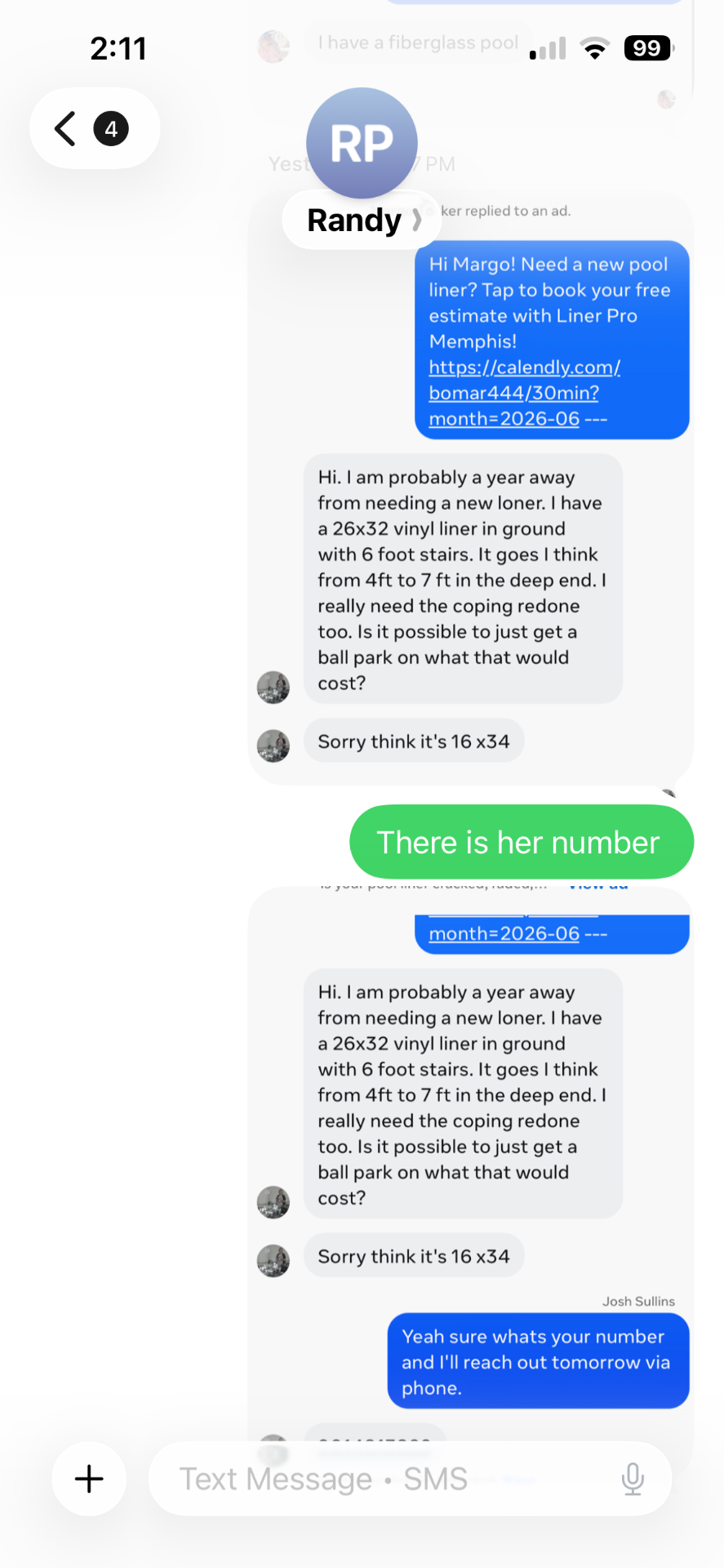 Client text message #4 thanking us for the pool leads