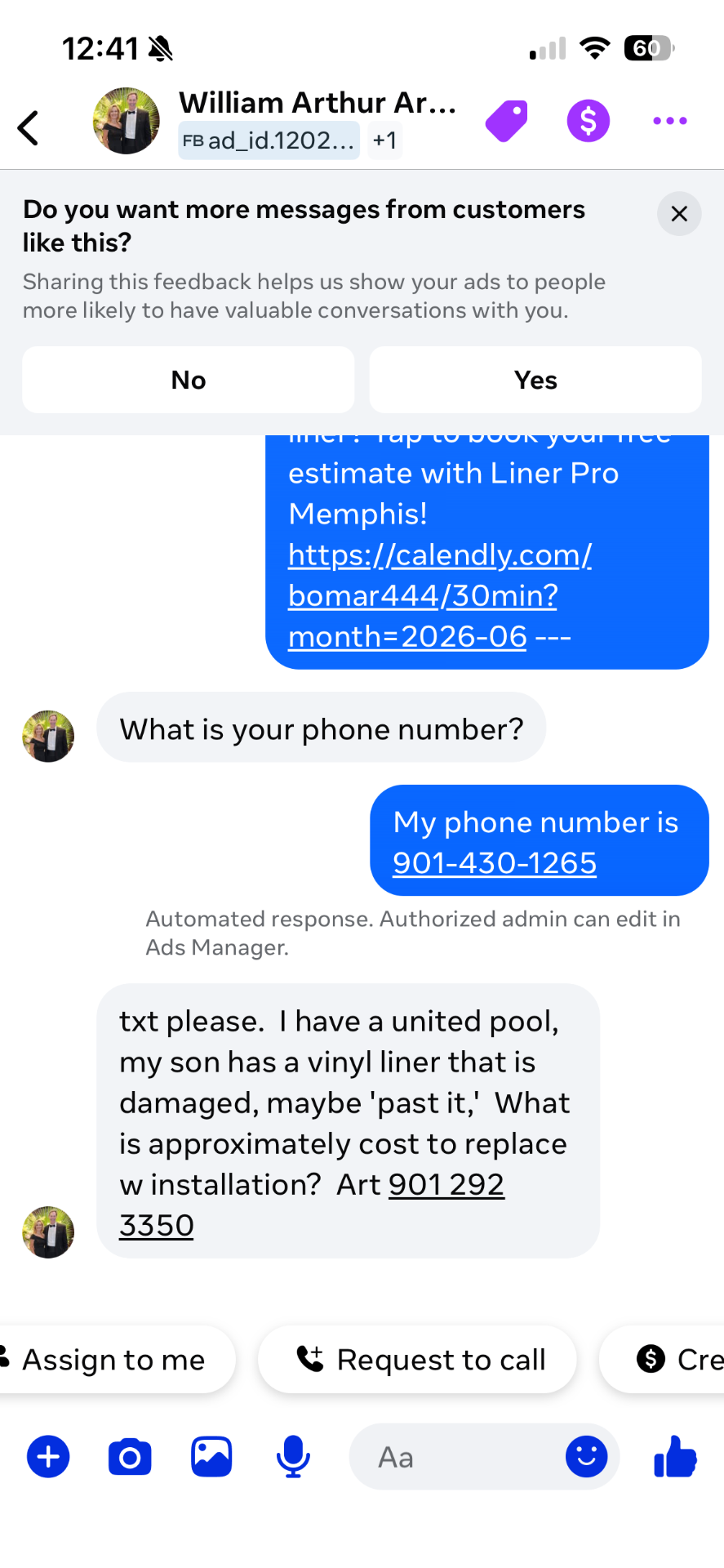 Pool liner lead message #4 from a homeowner