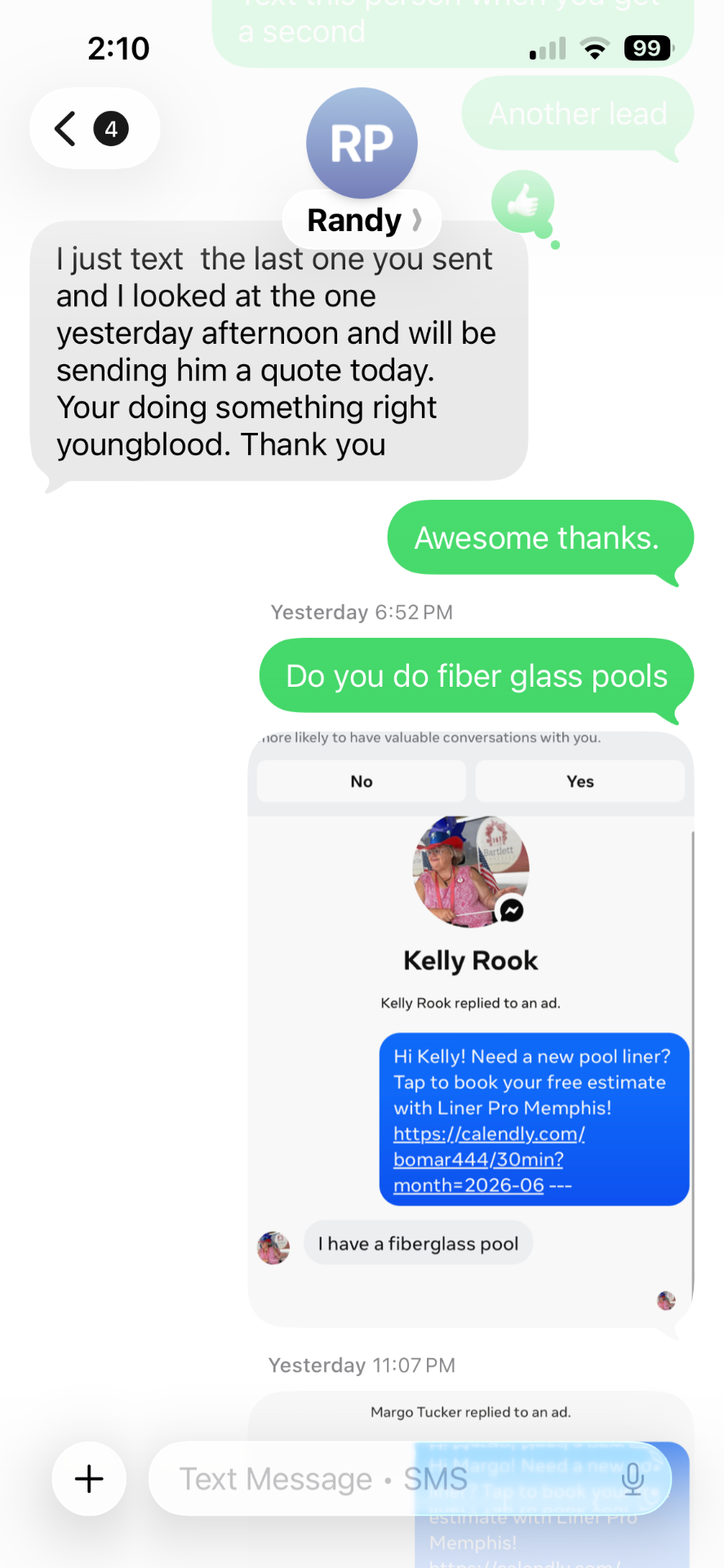 Client text message #3 thanking us for the pool leads