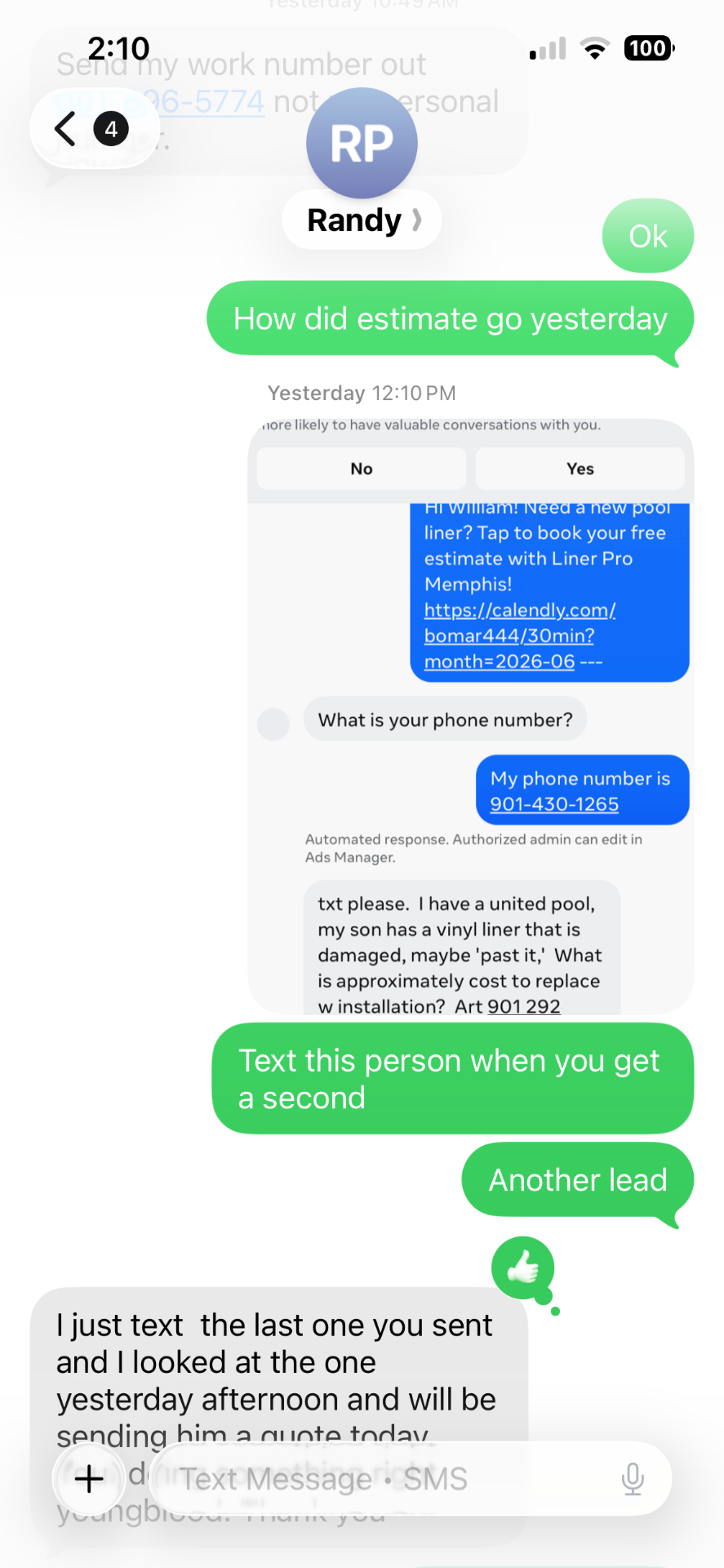 Client text message #2 thanking us for the pool leads