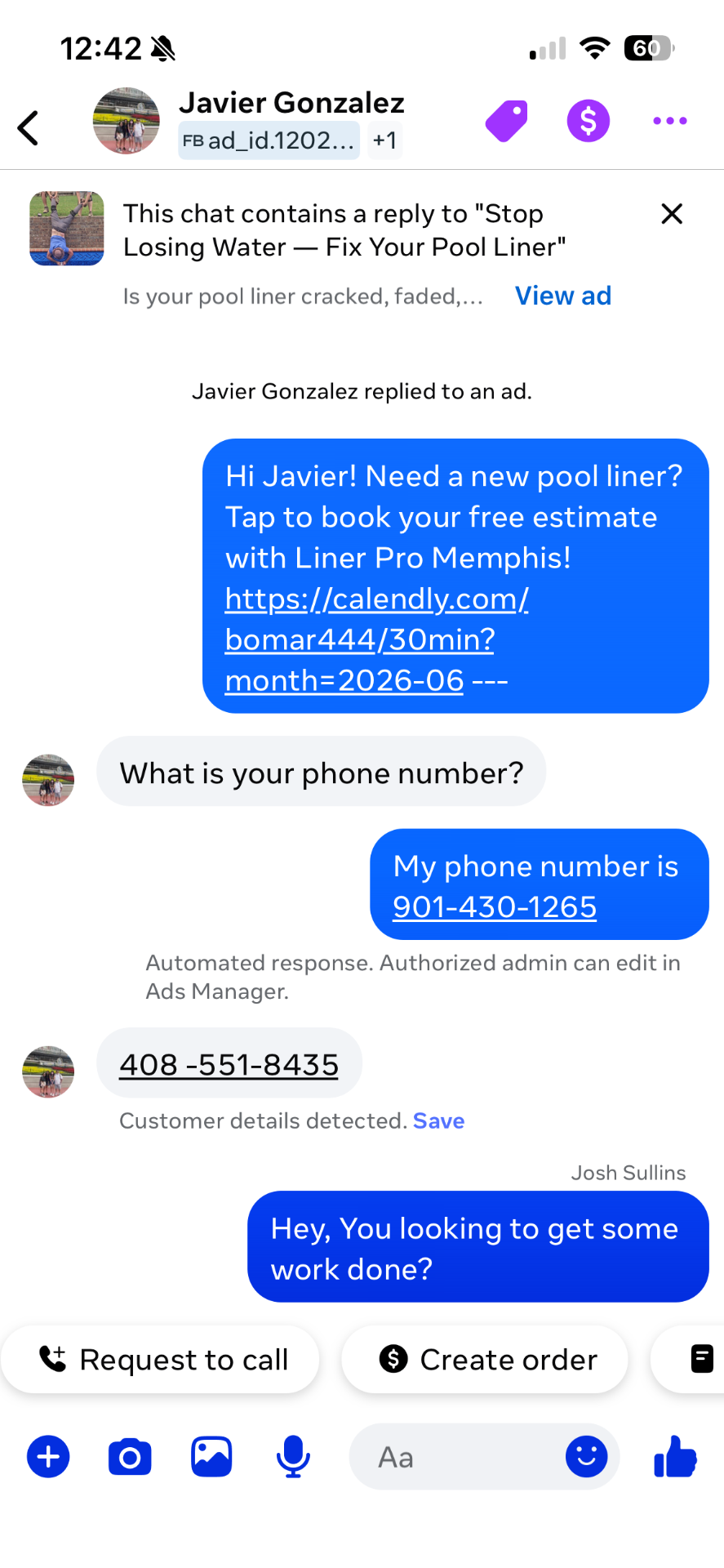 Pool liner lead message #6 from a homeowner