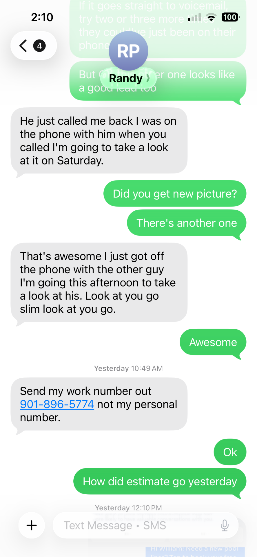 Client text message #1 thanking us for the pool leads
