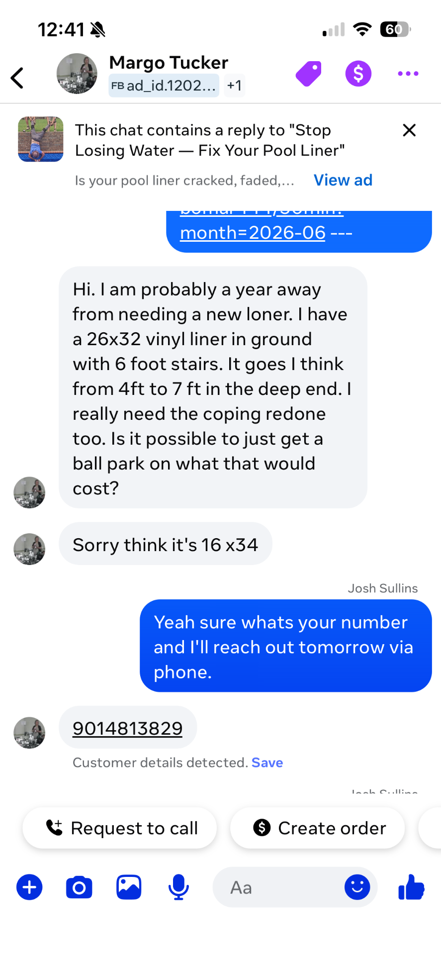 Pool liner lead message #3 from a homeowner